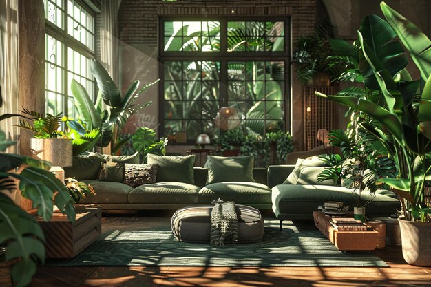 Sala de estar inspirada en la jungla urbana con un verde exuberante