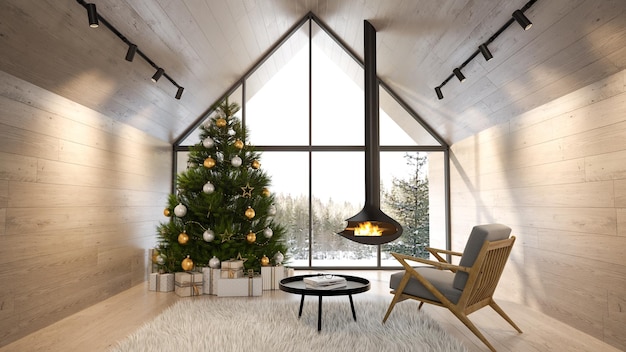 Sala de estar interior de una casa del bosque con árbol de navidad renderizado 3 D