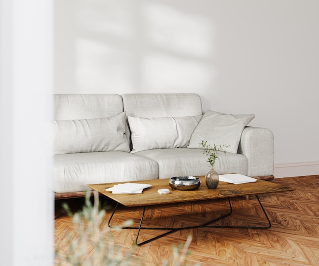 Sala de estar interior de casa moderna sofá gris y mesa de café con decoración pared blanca con luz solar suelo de madera renderizado en 3D