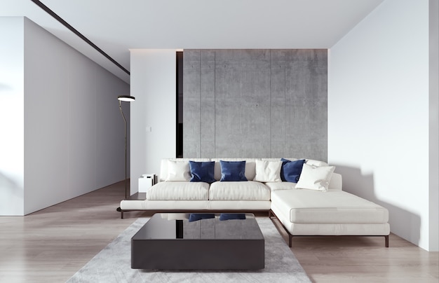 Sala de estar interior color blanco con sofá ilustración 3D