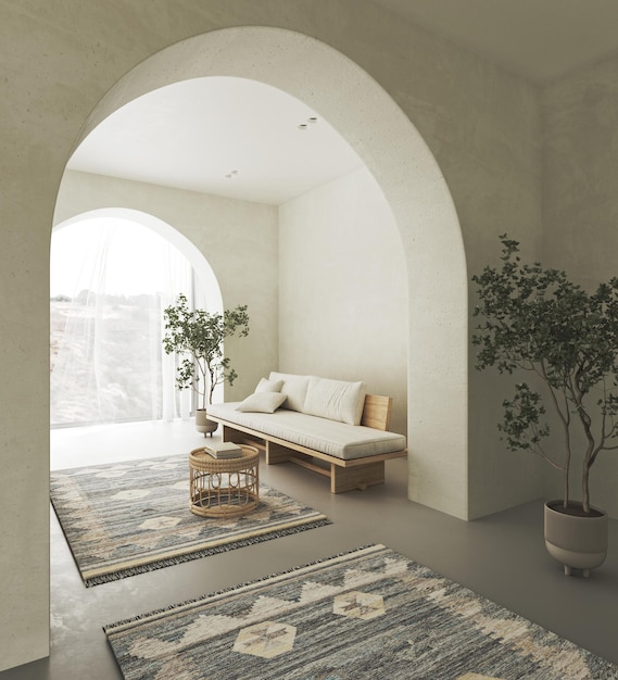 Sala de estar interior conceptual con pared de arco beige de estuco composición creativa banco de madera con wi