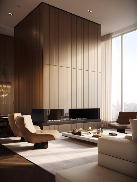 Sala de estar interior moderna llena de muebles y una gran ventana en minimalismo Generación de IA
