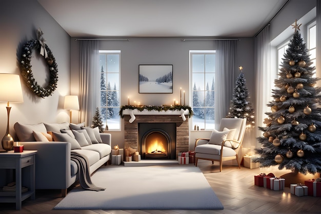 Foto sala de estar interior de navidad con árbol de navidad y cajas de regalos cerca del lugar del árbol con chimenea