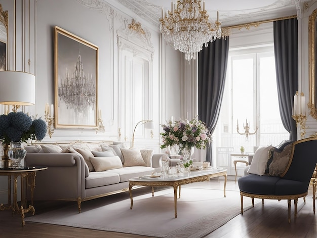 Sala de estar interior parisina de estilo elegante bellamente hecha con IA generativa