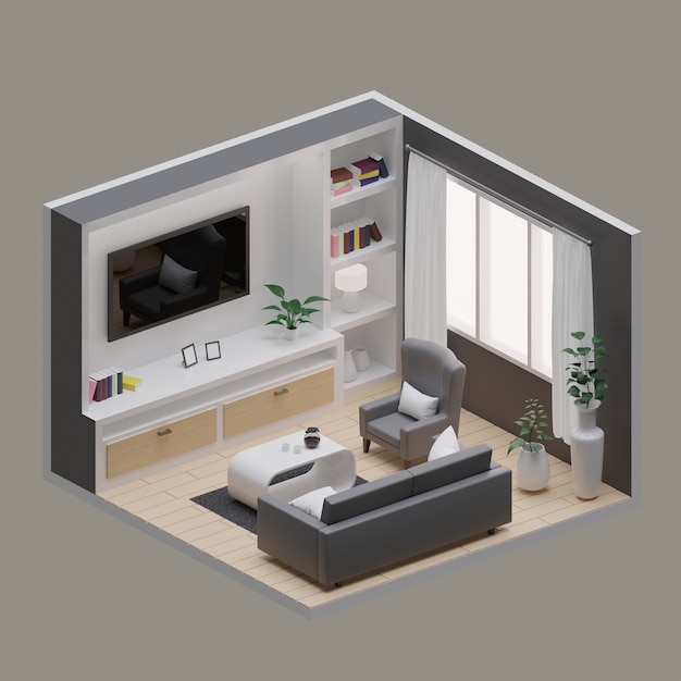 Sala de estar isométrica abierta interior arquitectura interior representación 3d