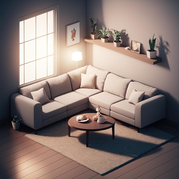 Sala de estar isométrica pequeña y linda con iluminación suave y suave, procesamiento de licuadora 3d