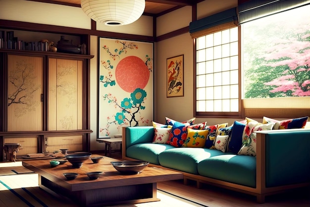 Sala de estar japonesa igualmente cómoda y hermosa con sofá multicolor