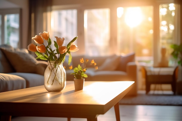 Una sala de estar con un jarrón de flores sobre una mesa de café.