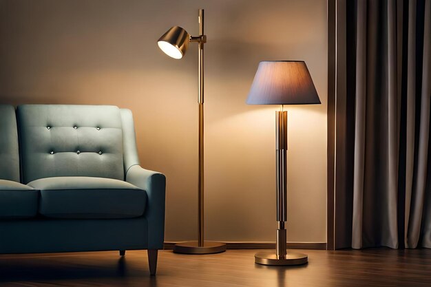 Una sala de estar con una lámpara y una lámpara en el suelo