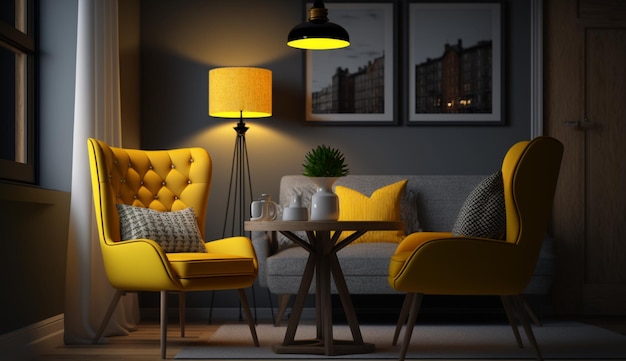 Sala de estar con lámparas de mesa de madera y sillón amarillo IA generativa