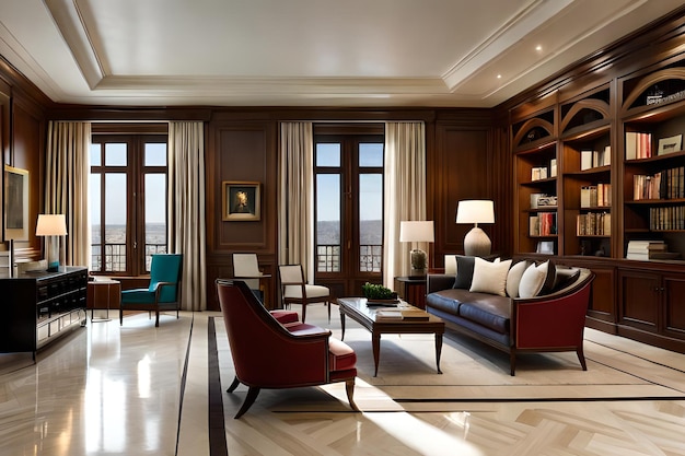 Una sala de estar con una librería grande y una ventana grande con una foto de un hombre en la pared.