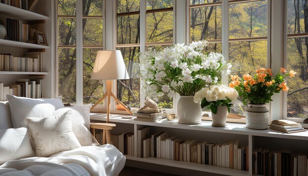 una sala de estar con libros y flores en una mesa