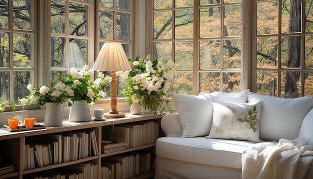 una sala de estar con libros y flores en una mesa