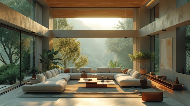 Una sala de estar llena de luz con sofás grises una mesa de café y una gran ventana