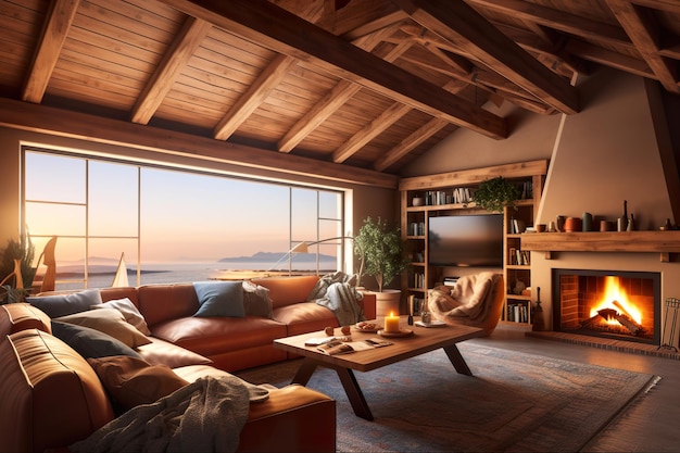 Una sala de estar llena de muebles y una chimenea Imagen de IA generativa Acogedora casa noruega