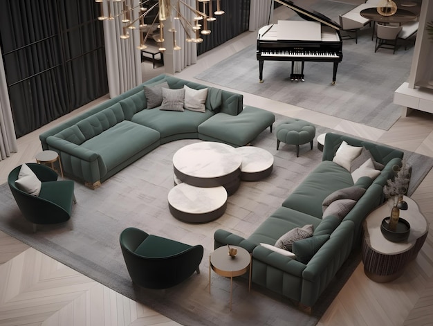 Sala de estar llena de muebles y piano en la vista superior del esquema de color verde desde el ángulo Generación de IA