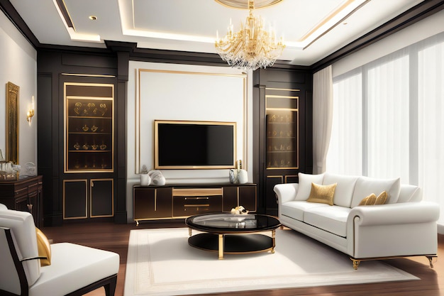 una sala de estar llena de muebles y una televisión de pantalla plana dorada y materiales de lujo