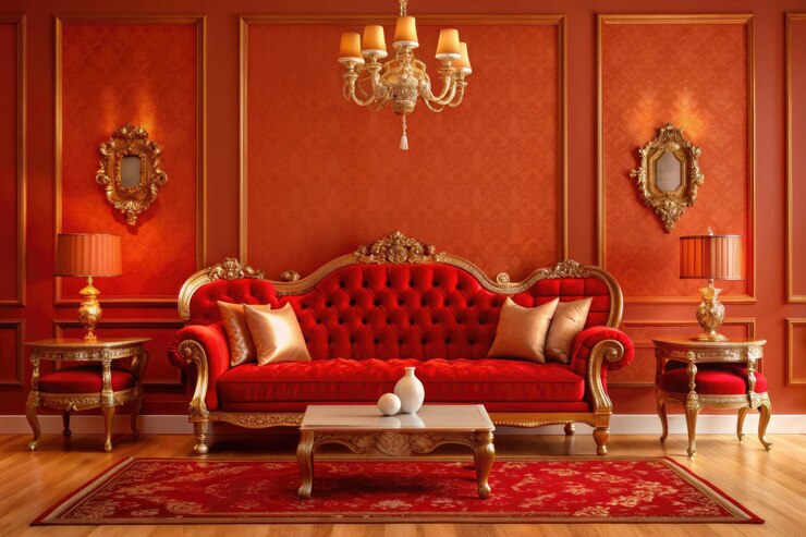 sala de estar de lujo con muebles de oro rojo candelabro interior fondo espacio de copia de habitación vacía