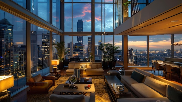 Sala de estar de lujo con vista al atardecer y decoración elegante una mezcla de sofisticación y comodidad AIG59