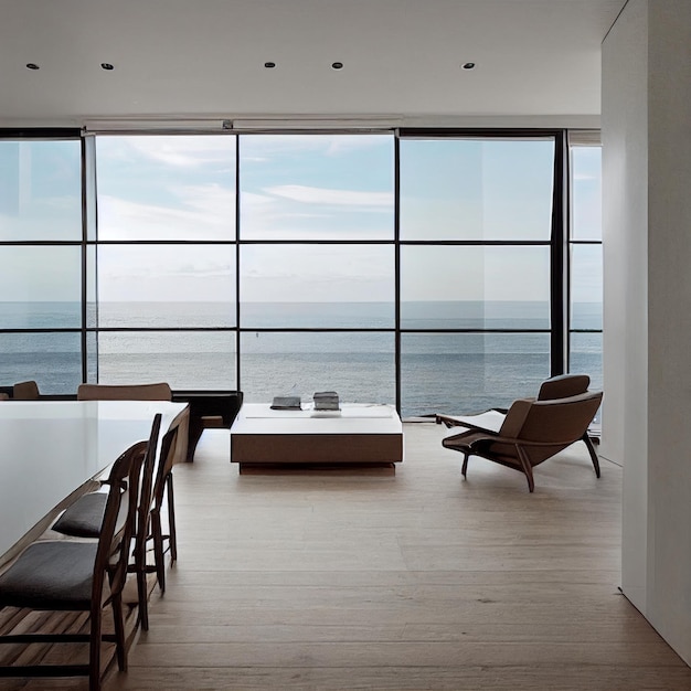 Sala de estar de lujo con vistas al mar interior de casa moderna