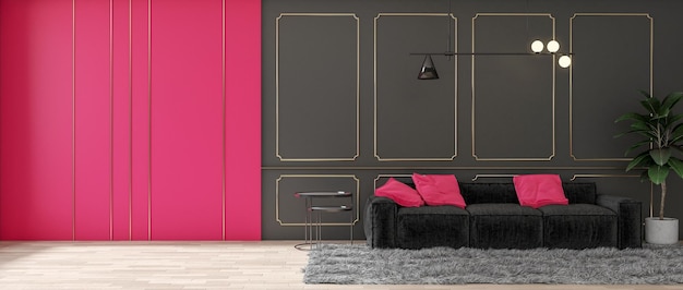 Sala de estar lujosa con piso de parquet de madera negro y pared en color viva magenta 2023 decorada con borde dorado Espacio vacío para obras de arte o imagen Diseño de decoración de habitación moderna Representación 3D