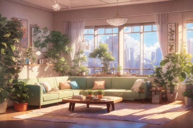 Una sala de estar luminosa y soleada con muchas ventanas en un estilo loft minimalista moderno