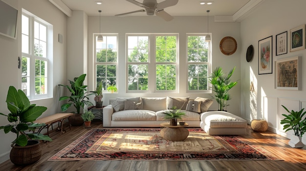 Sala de estar luminosa y ventilada con plantas