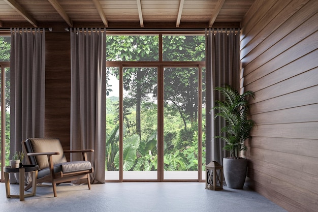 Sala de estar de madera de estilo contemporáneo moderno con naturaleza 3d hay pisos de hormigón pared de tabla techo de estructura de madera decorado con silla de cuero gran ventana con vistas a la naturaleza