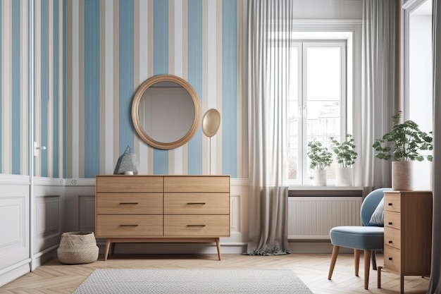 Foto sala de estar de madera con marco simulado tocador contemporáneo cómoda ventana de papel tapiz a rayas azul y beige y fondo de parquet en diseño de interiores diseño escandinavo