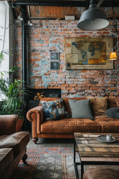 Foto una sala de estar con un mapa del mundo en la pared