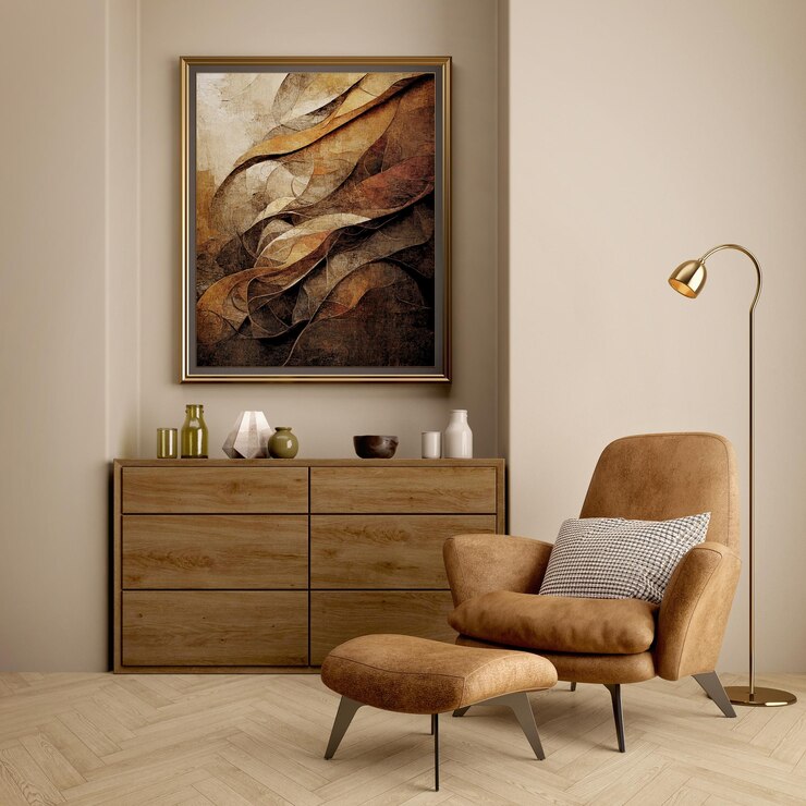 Sala de estar marrón con sillón lámpara de mesa y pintura abstracta