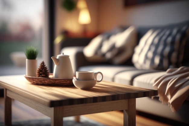 Una sala de estar con una mesa de café y una taza de té encima.