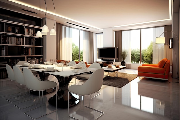 Sala de estar y mesa de comedor interior de apartamento moderno