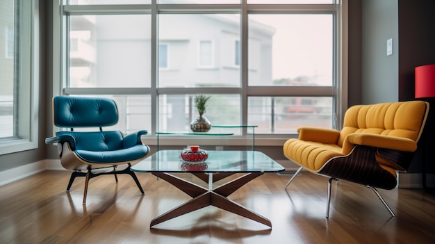 Una sala de estar con una mesa de cristal y sillas.