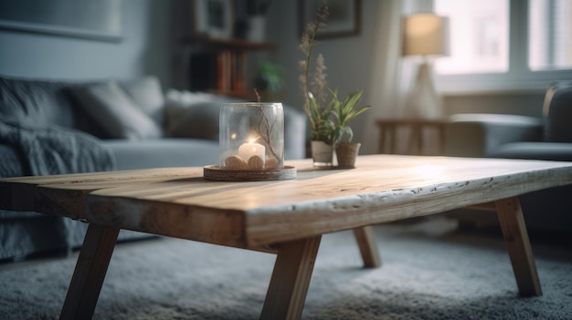 Una sala de estar con una mesa con piedras encima y una planta en el lado derecho.