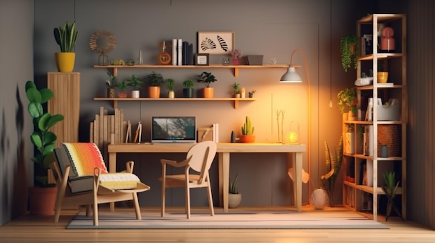 Una sala de estar con una mesa y una silla y una librería con plantas.