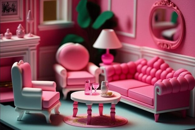 Una sala de estar en miniatura con un sofá rosa y una mesa con una copa de vino.