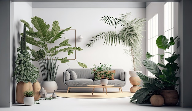 Sala de estar mínima con sofá interior y decoración de plantas tropicales de naturaleza verde IA generativa