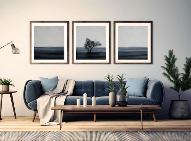 Sala de estar minimalista con dos pares de láminas