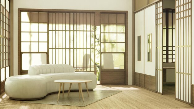 Sala de estar minimalista de estilo japonés decorada con sofá.