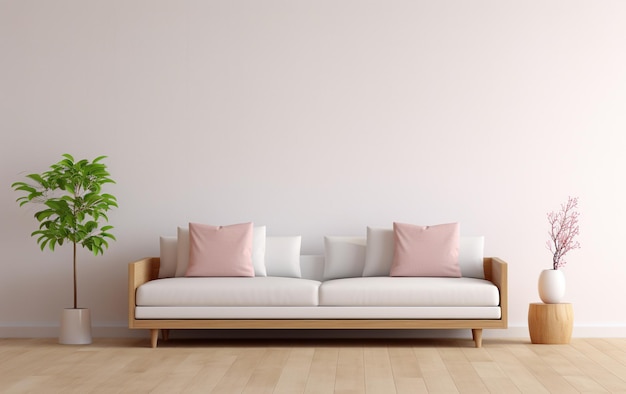 Sala de estar minimalista con fondo de paisaje de sofá gris