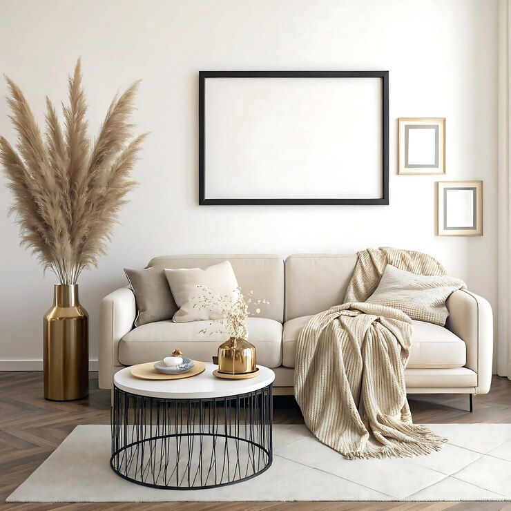 Sala de estar minimalista moderna con arte de pared de marco negro y decoración neutral