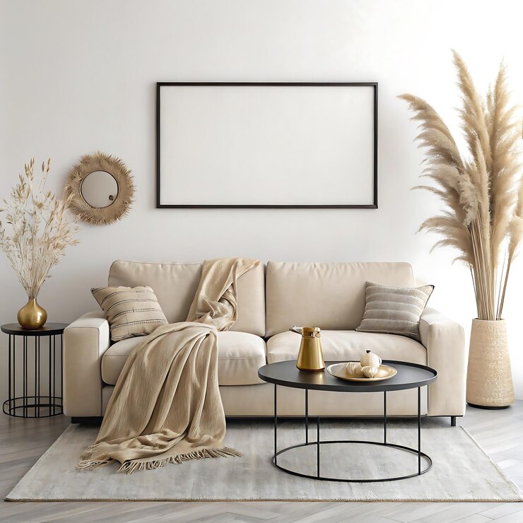 Sala de estar minimalista moderna con arte de pared de marco negro y decoración neutral