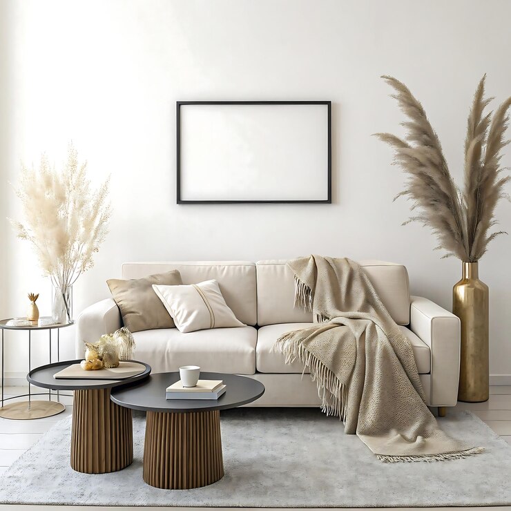 Sala de estar minimalista moderna con arte de pared de marco negro y decoración neutral