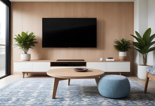 Sala de estar minimalista moderna con pared de panel de madera con un televisor de pantalla plana montado en una gran área