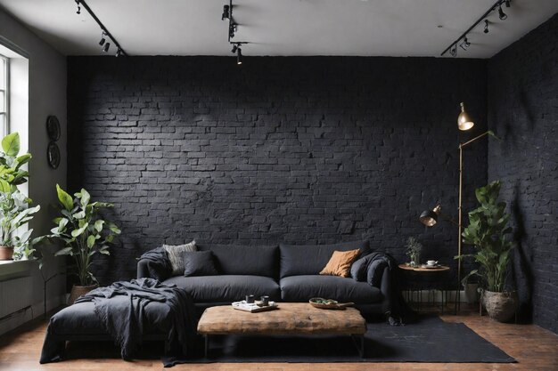 Sala de estar minimalista moderna con un sofá negro y una planta dentro