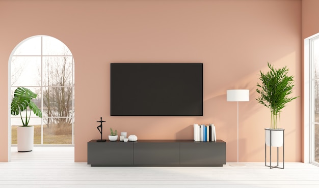 Sala de estar minimalista con mueble de televisión y pared de color naranja claro, piso de madera blanca, representación 3d