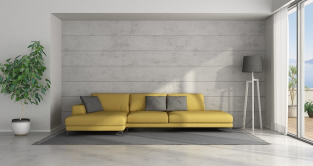 Sala de estar minimalista con sofá amarillo