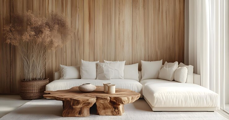 Sala de estar minimalista con sofá blanco y mesa de café de madera
