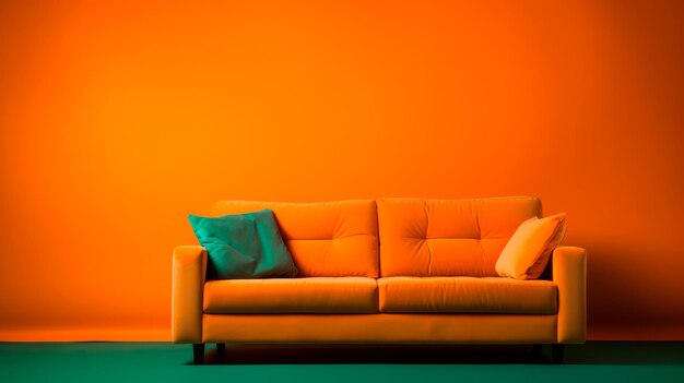 Sala de estar minimalista con sofá contemporáneo en paleta verde y naranja fotografía de estudio